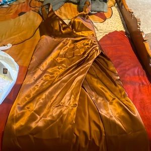 Classic style bridesmaid dress with slit up the front color is tawny